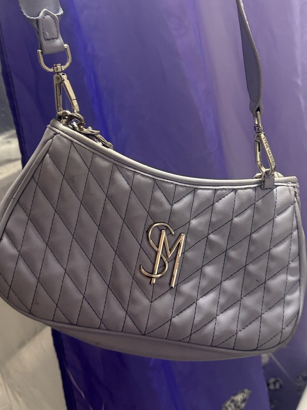 Steve Madden Quilted Shoulder Bag in Lavender Gray with silver hardware